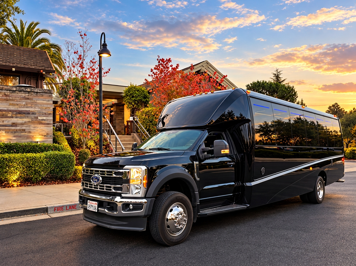 Black Grech GM33 executive shuttle bus for Wine Country airport shuttle and group private transfers in Napa