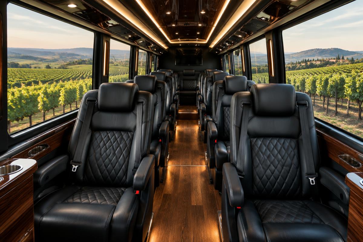 Leather seating inside a Grech GM33 executive shuttle bus for Wine Country airport transfers