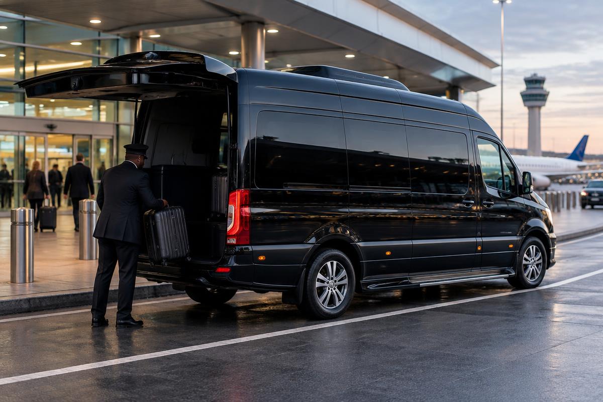 Black executive Sprinter van for a private airport shuttle from SFO to Napa Valley